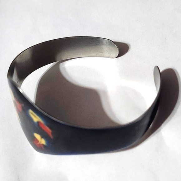 Vtg 1970s  Sheffield England  Enamel & Stainless Steel Cuff Bracelet - Picture 4 of 4